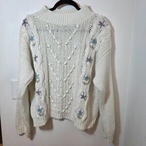 Vintage Hand Knitted Rafferty Sweater Embroidered Flowers Womens Medium Cottage